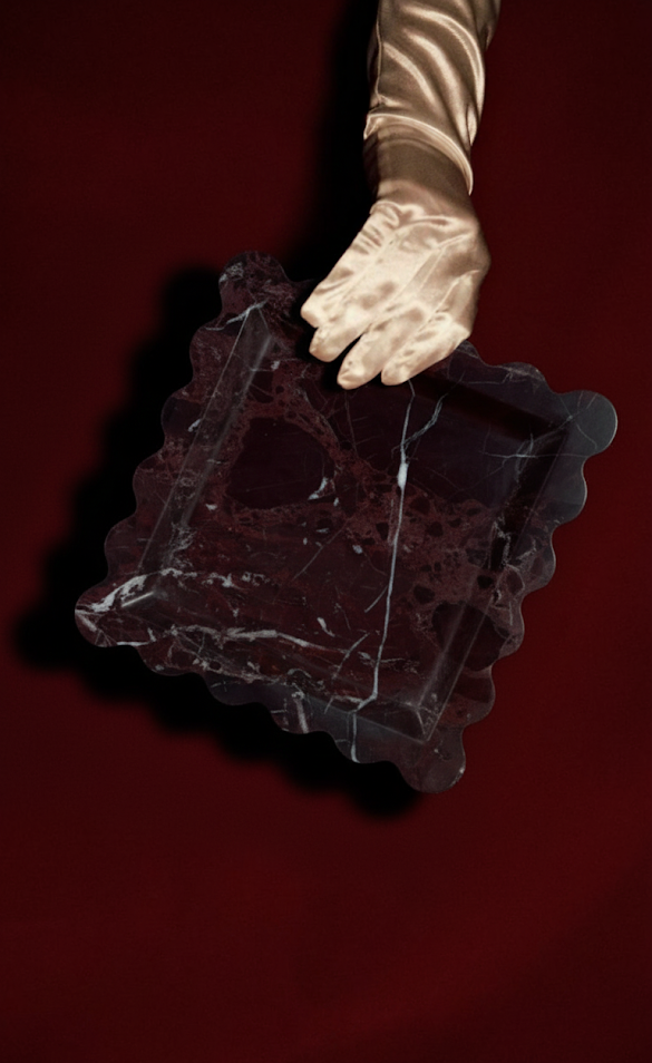 deep burgundy natural rosa levanto marble tray with scalloped edges 